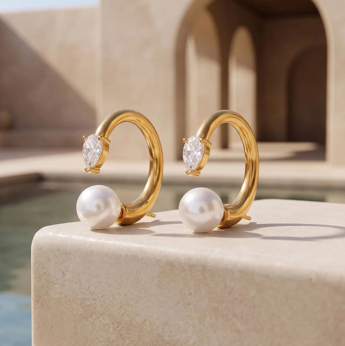 TRIAD GOLD PEARL/ CUBIC ZIRCONIA HOOPS